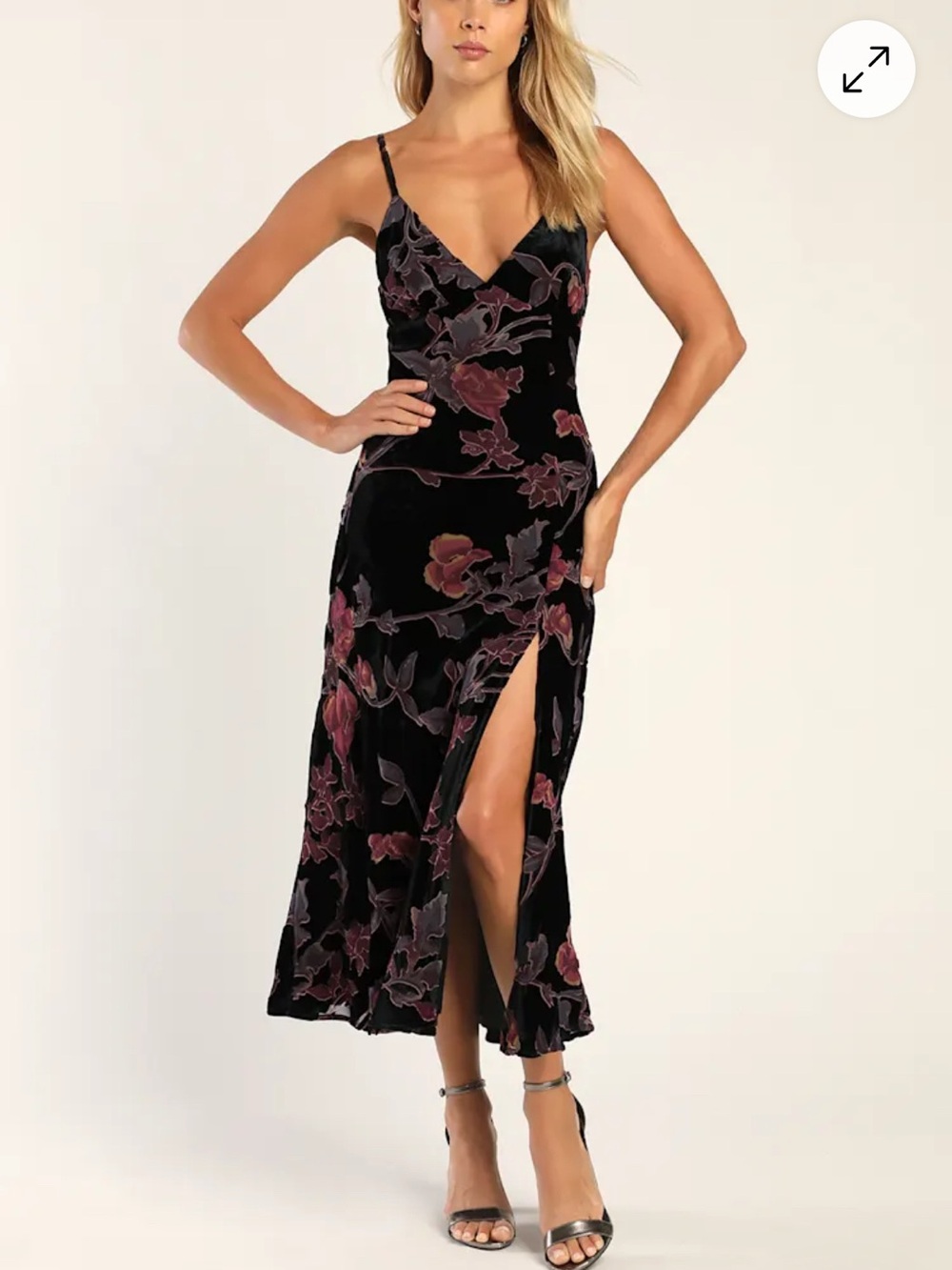 Lulu's Black Velvet Slip Midi Dress with Pink Floral